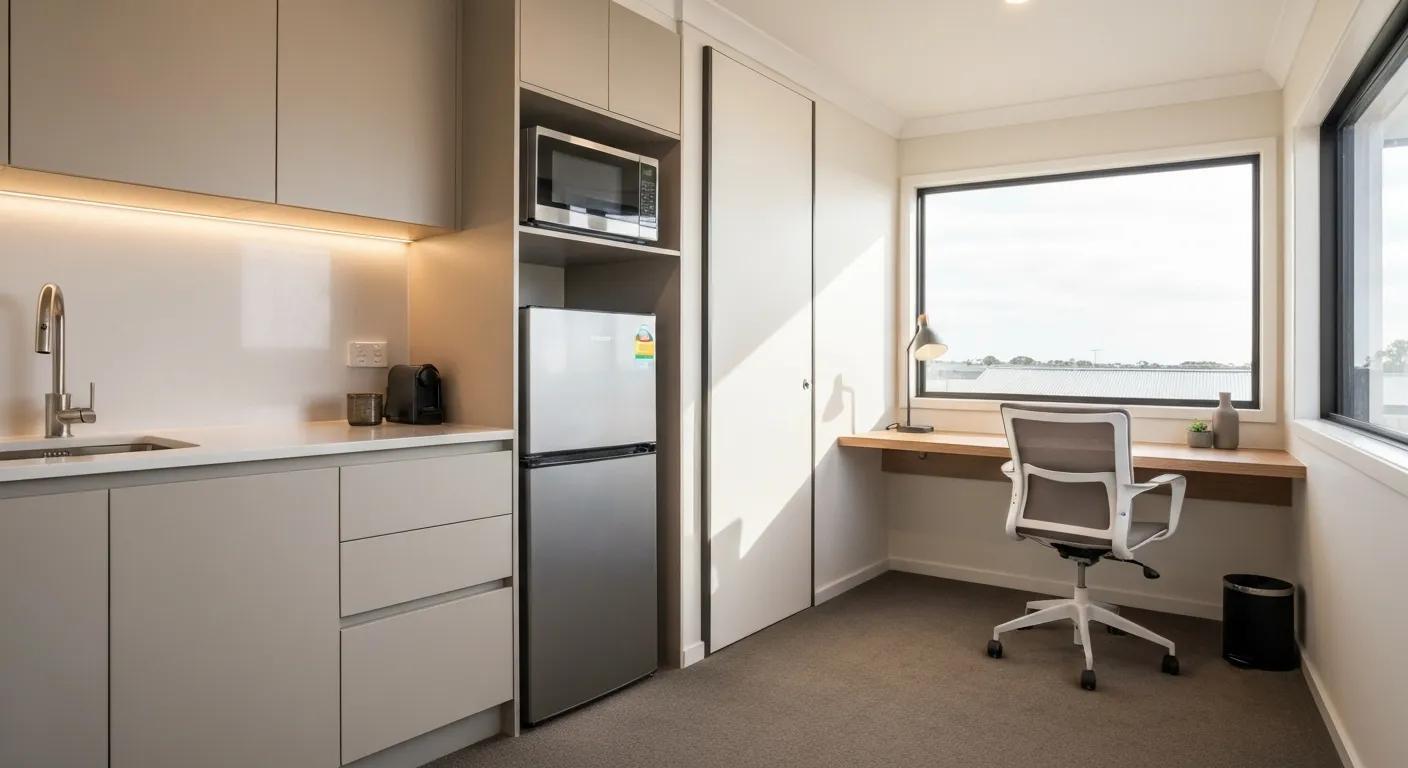 Modern room amenities at Jolly Swagman Motor Inn featuring a kitchenette and workspace