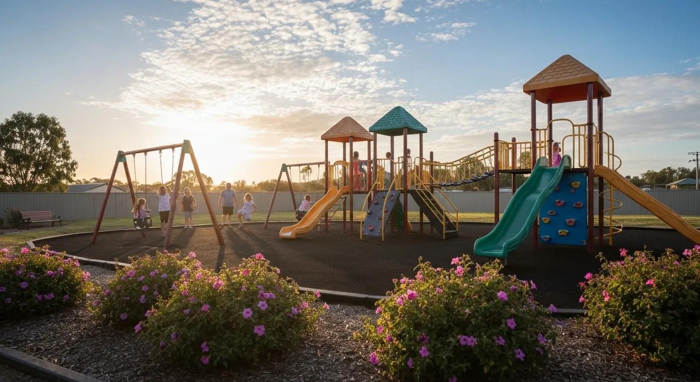 Children playing in the outdoor playground at Jolly Swagman Motor Inn, highlighting family-friendly features